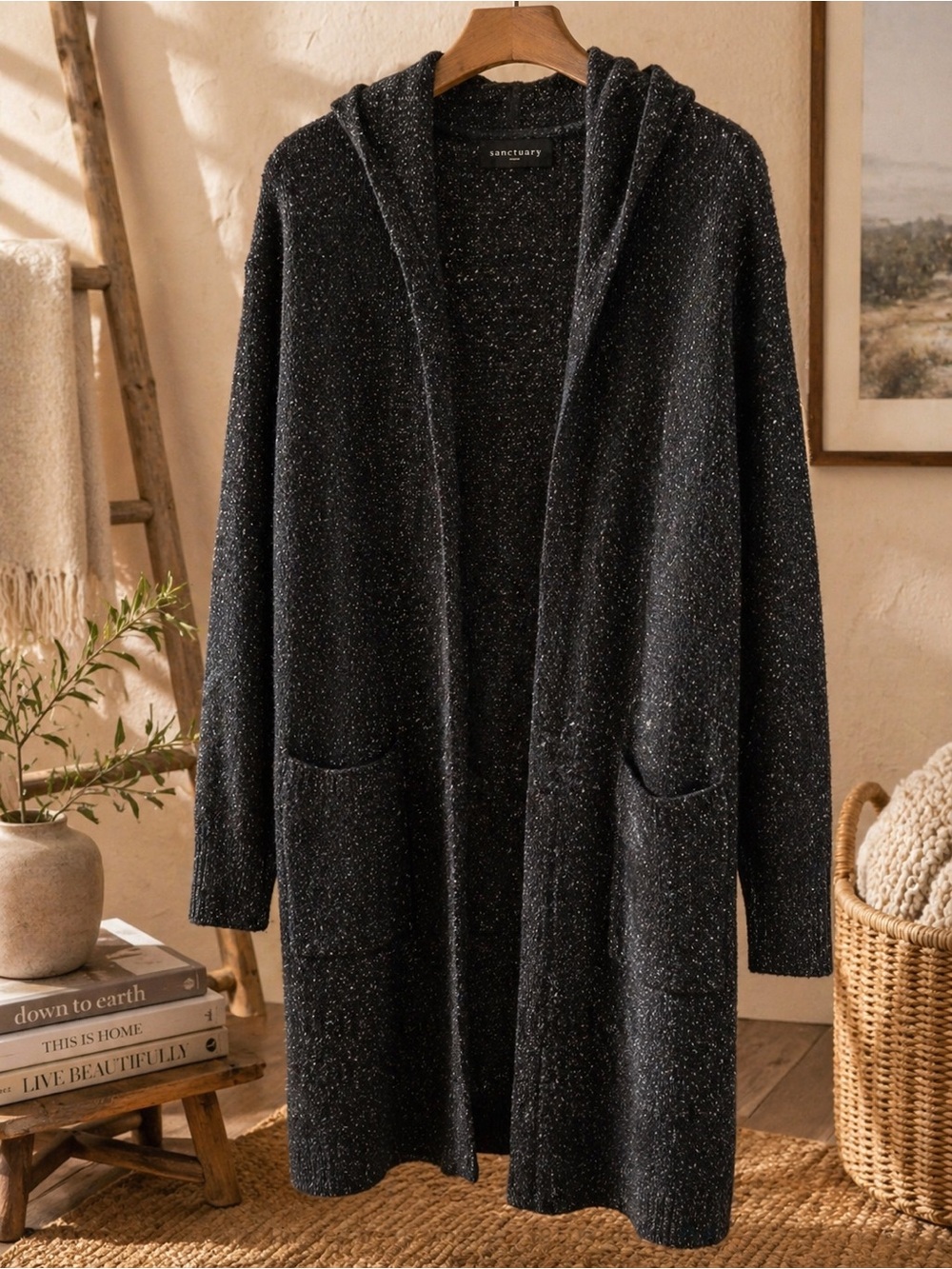 Sanctuary Long Hooded Cardigan Sweater Black White Duster Pockets Size L